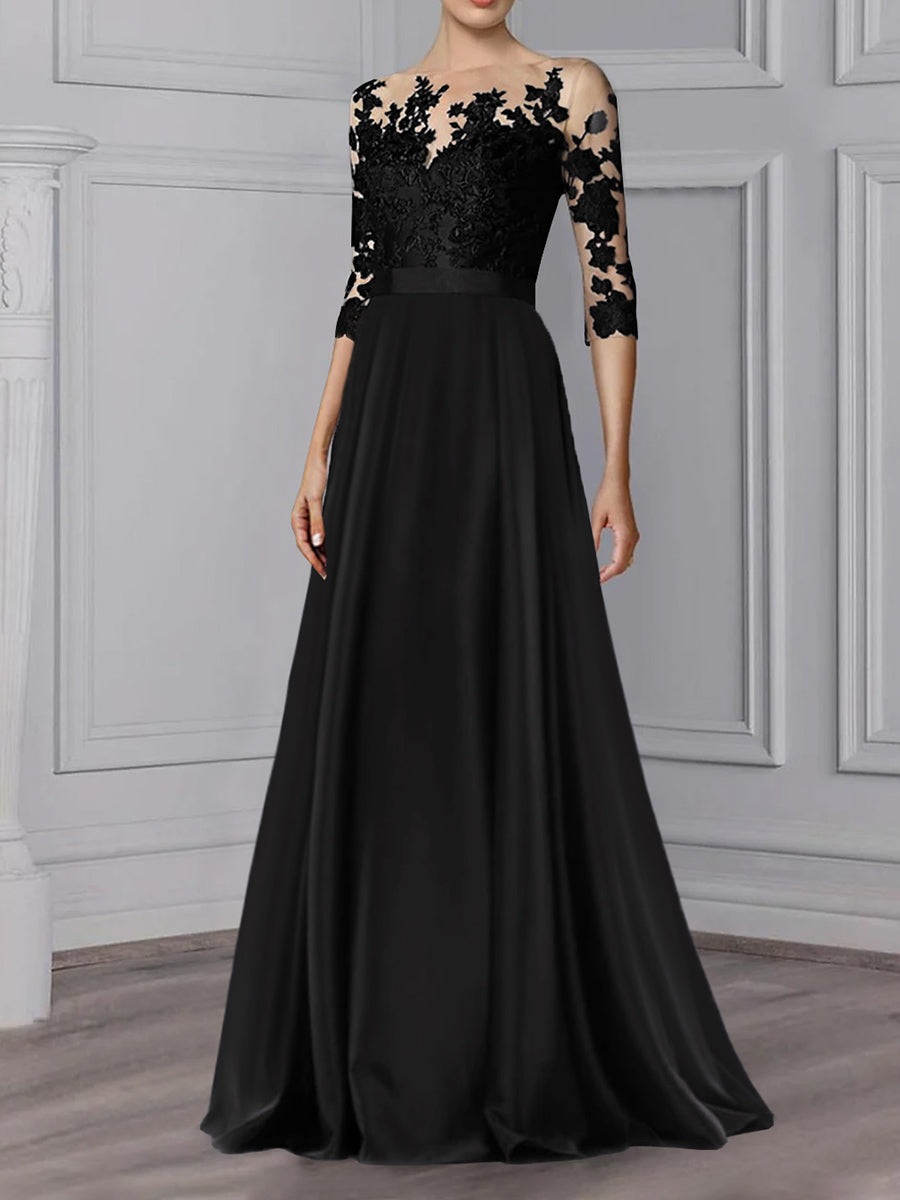 Long Mother of the Bride A Line Dress with Jewel Neck and 3/4 Sleeves