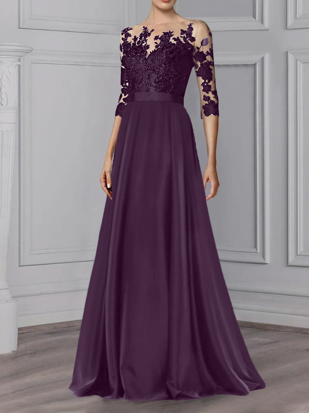 Long Mother of the Bride A Line Dress with Jewel Neck and 3/4 Sleeves