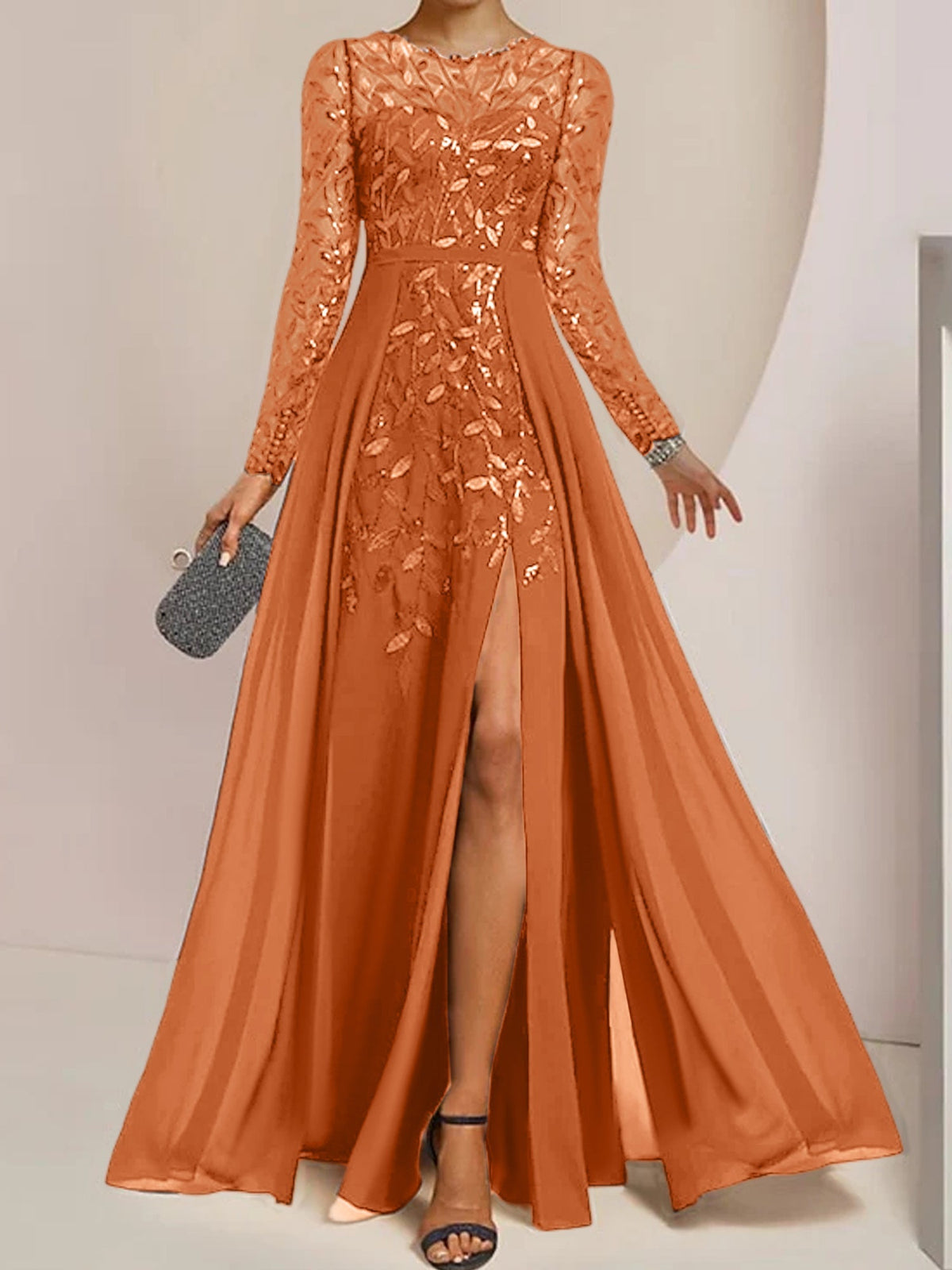 Long Mother of the Bride A Line Dress with Scoop Neck Long Sleeves Side Split Ruffles and Sequins