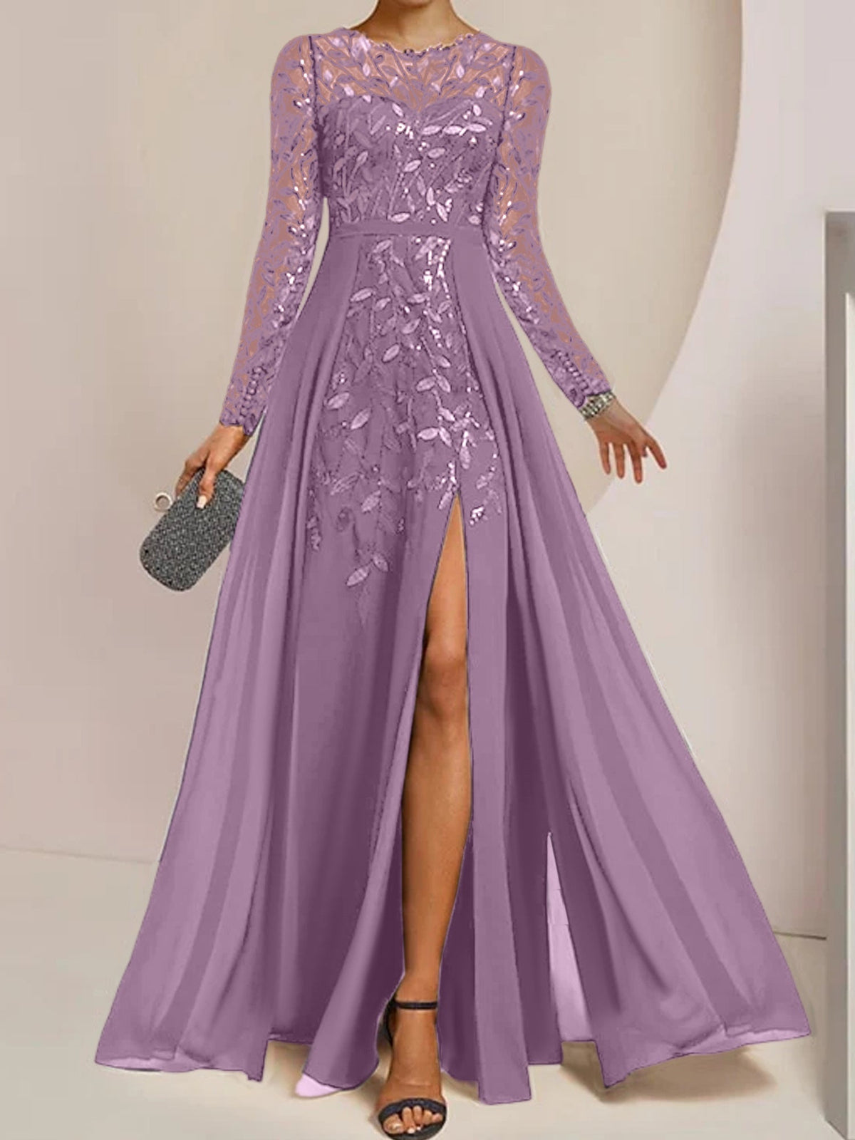 Long Mother of the Bride A Line Dress with Scoop Neck Long Sleeves Side Split Ruffles and Sequins