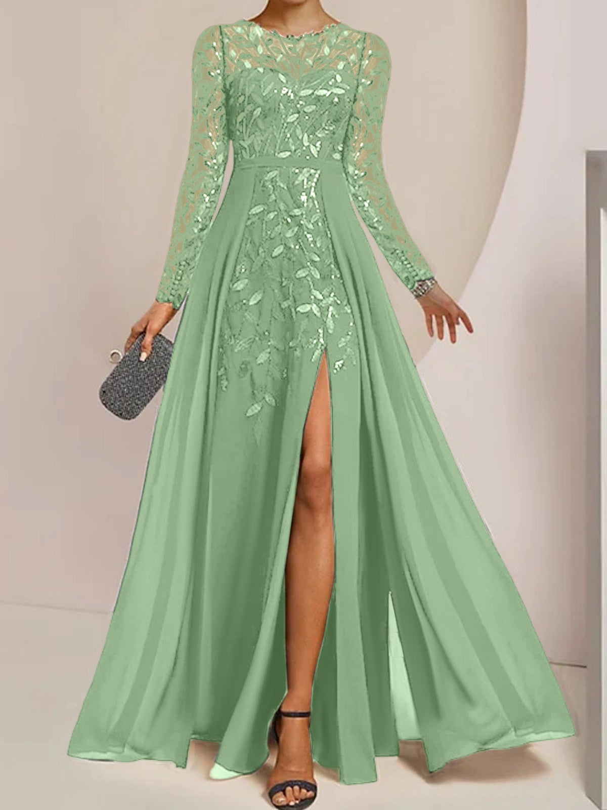 Long Mother of the Bride A Line Dress with Scoop Neck Long Sleeves Side Split Ruffles and Sequins