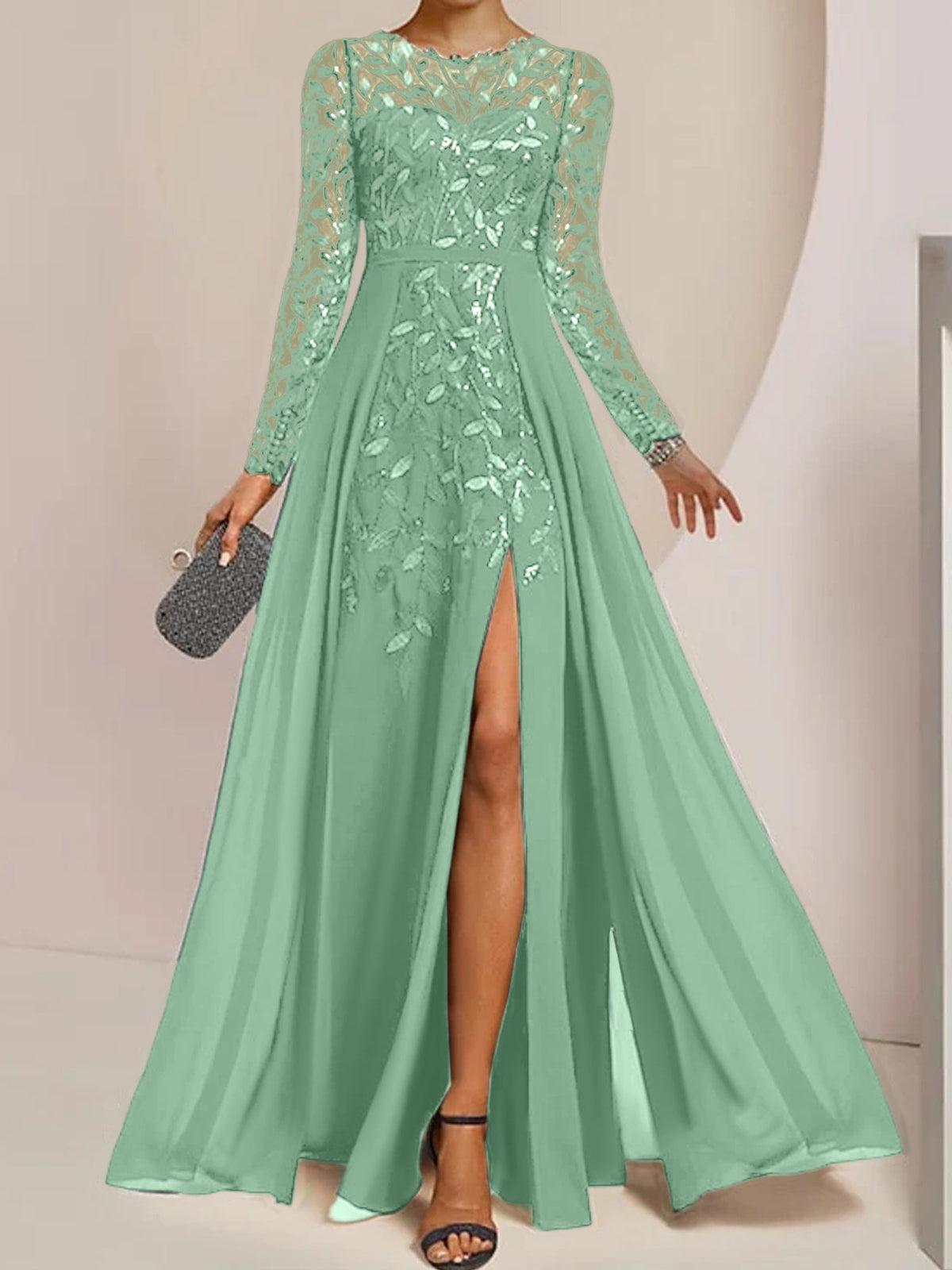 Long Mother of the Bride A Line Dress with Scoop Neck Long Sleeves Side Split Ruffles and Sequins