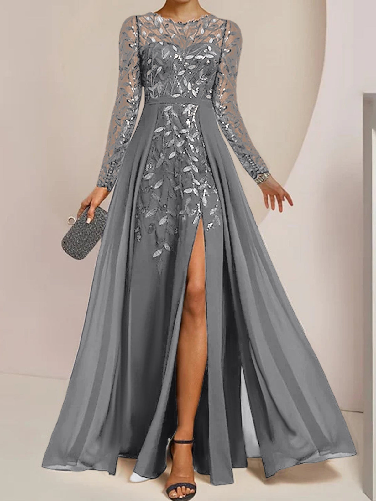 Long Mother of the Bride A Line Dress with Scoop Neck Long Sleeves Side Split Ruffles and Sequins