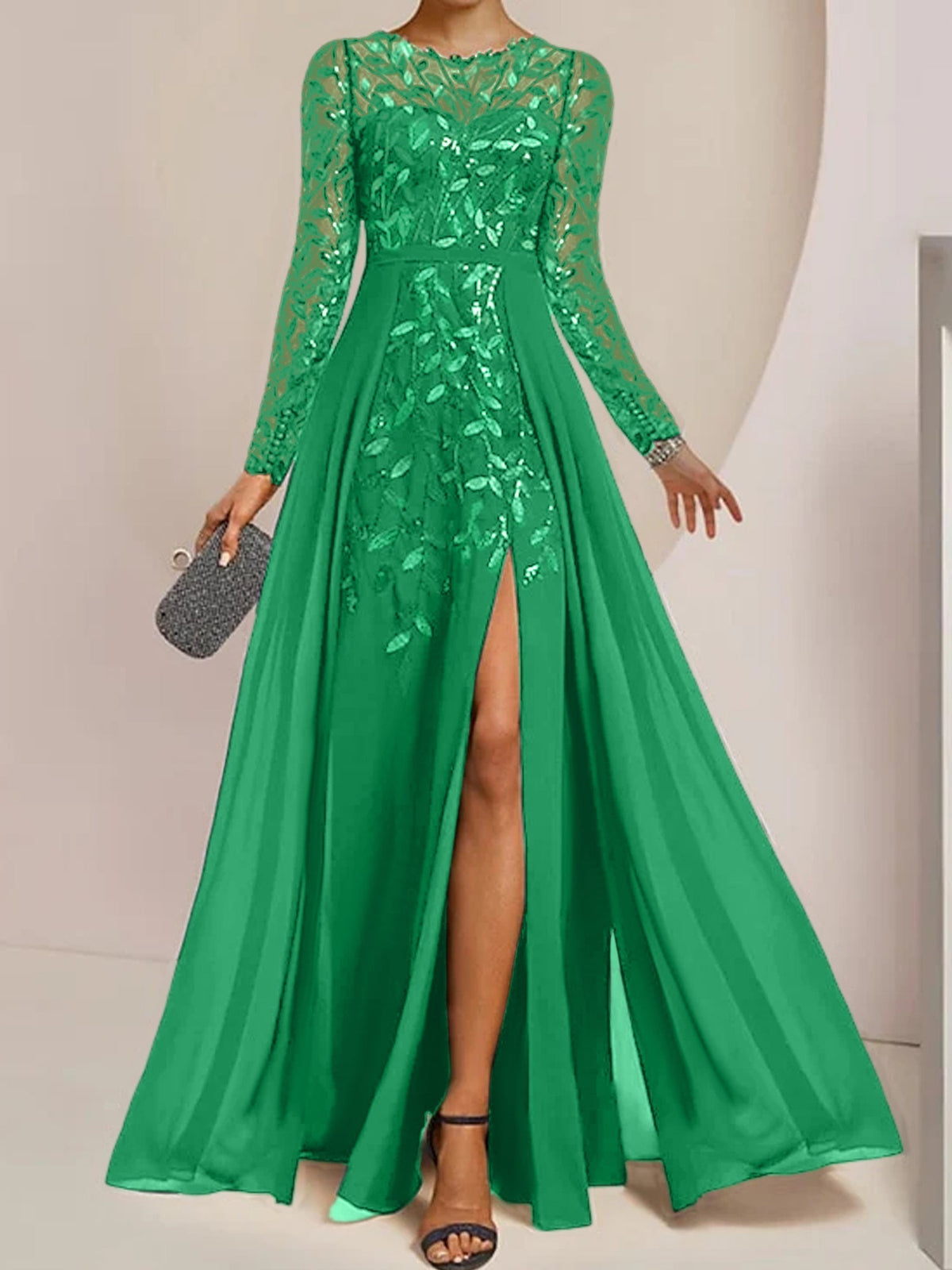 Long Mother of the Bride A Line Dress with Scoop Neck Long Sleeves Side Split Ruffles and Sequins