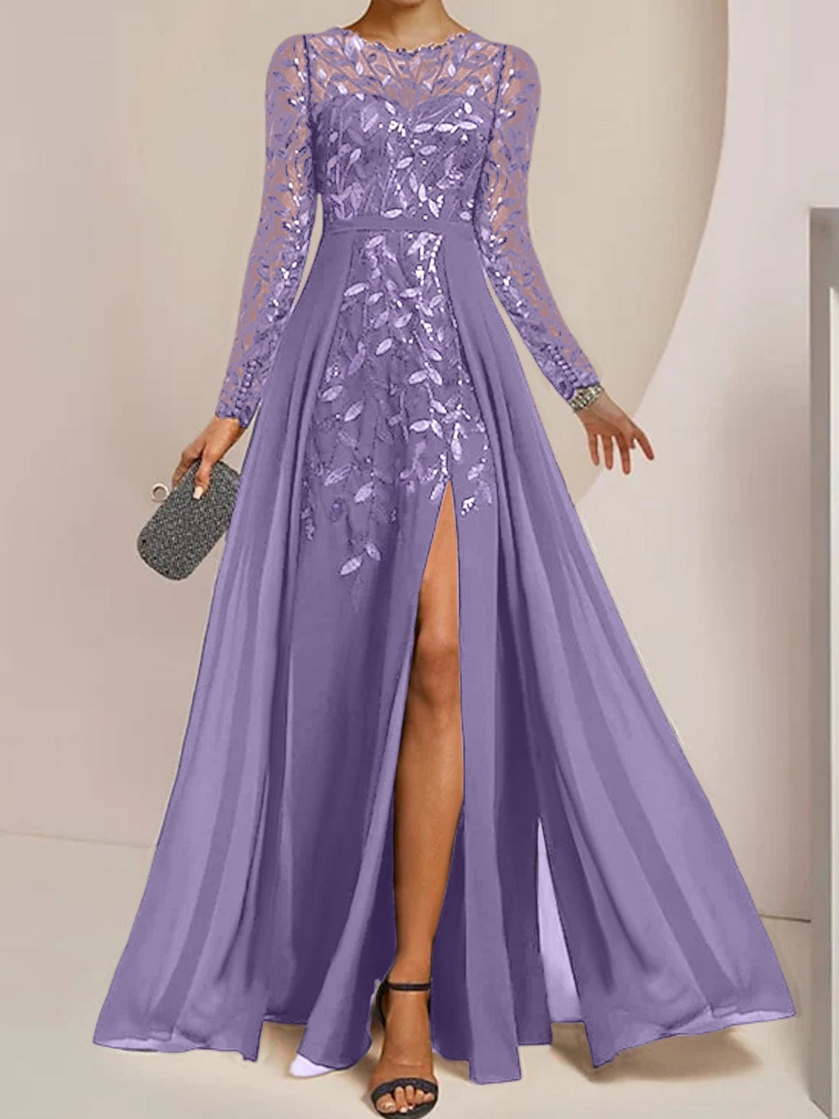 Long Mother of the Bride A Line Dress with Scoop Neck Long Sleeves Side Split Ruffles and Sequins