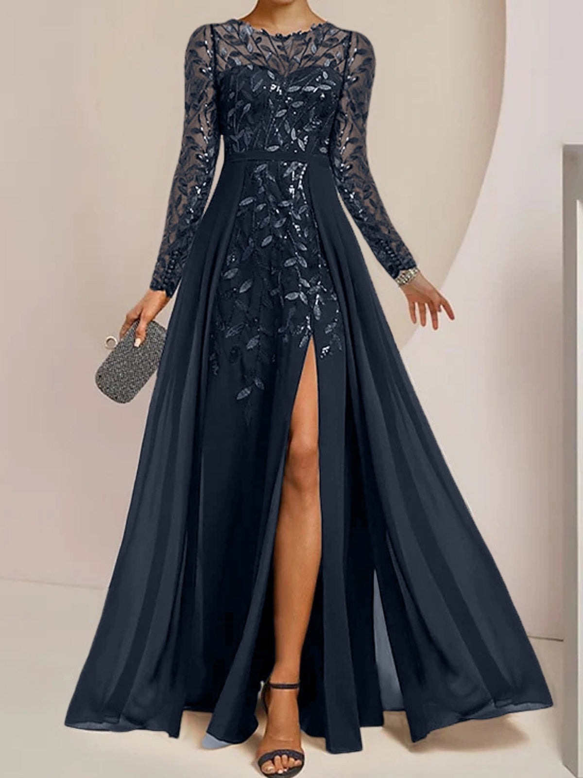 Long Mother of the Bride A Line Dress with Scoop Neck Long Sleeves Side Split Ruffles and Sequins