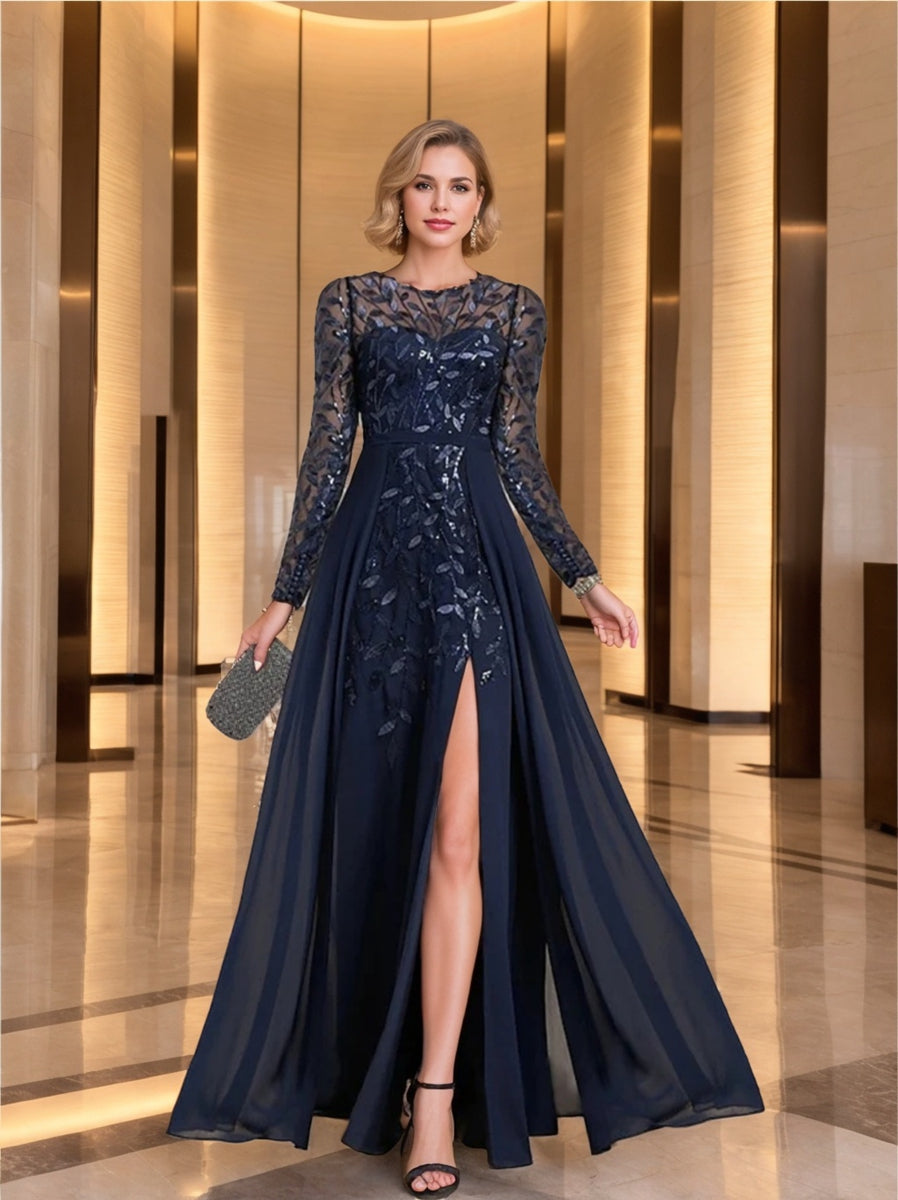 Long Mother of the Bride A Line Dress with Scoop Neck Long Sleeves Side Split Ruffles and Sequins