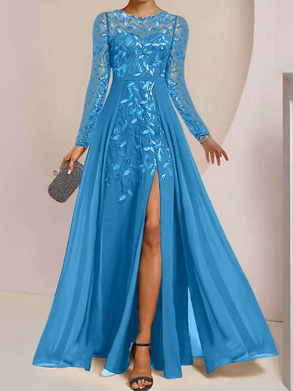 Long Mother of the Bride A Line Dress with Scoop Neck Long Sleeves Side Split Ruffles and Sequins