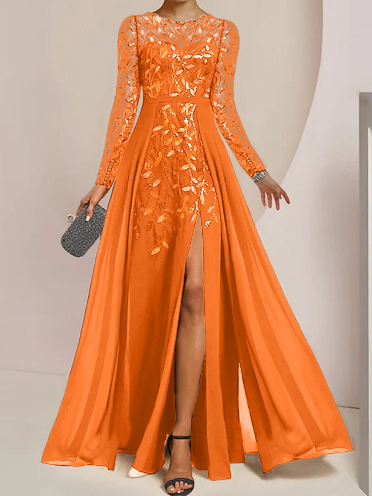Long Mother of the Bride A Line Dress with Scoop Neck Long Sleeves Side Split Ruffles and Sequins