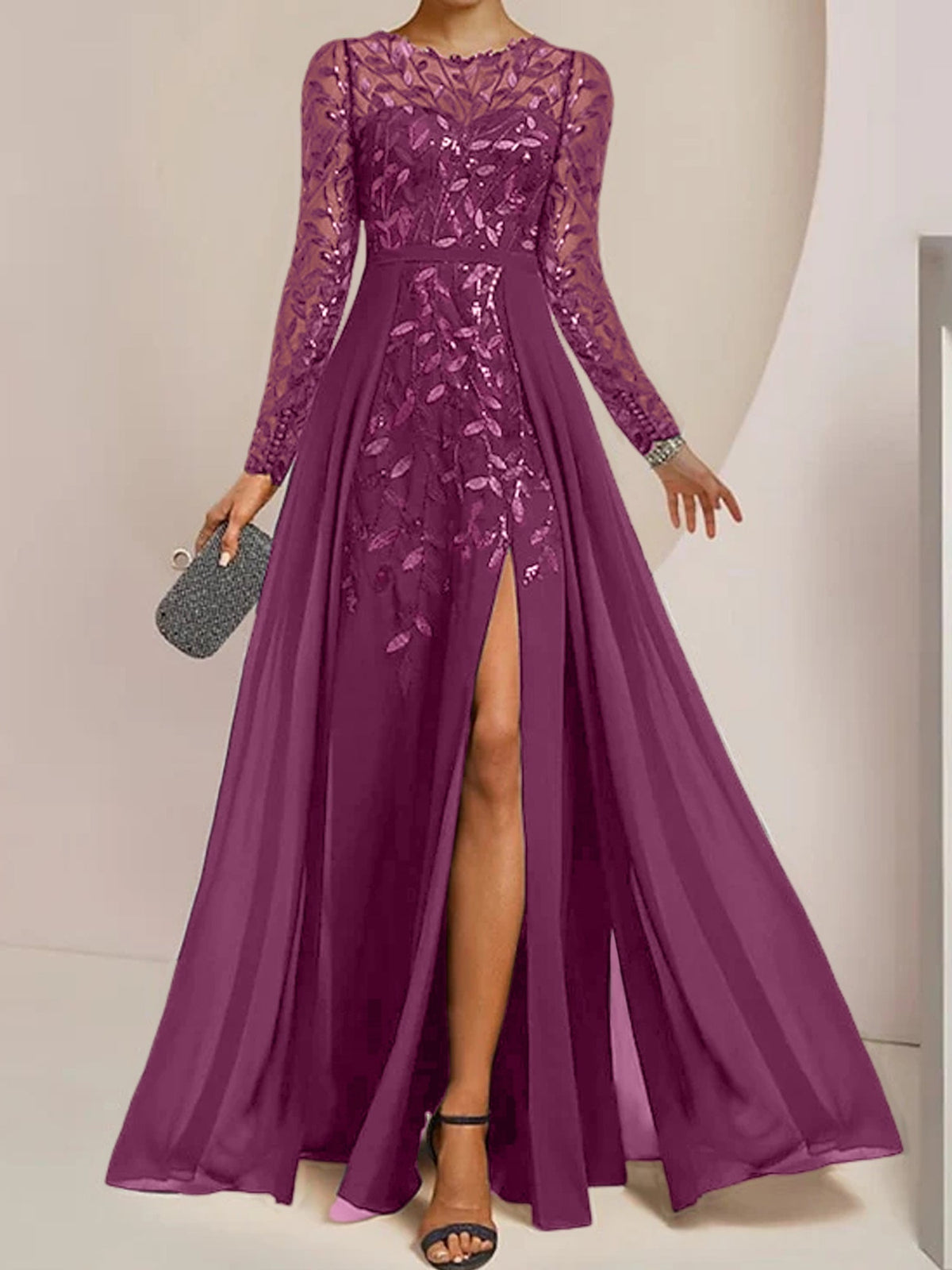 Long Mother of the Bride A Line Dress with Scoop Neck Long Sleeves Side Split Ruffles and Sequins