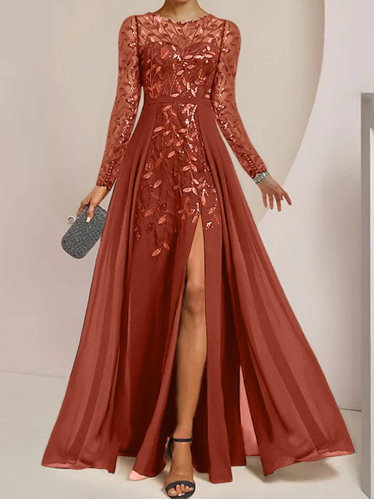 Long Mother of the Bride A Line Dress with Scoop Neck Long Sleeves Side Split Ruffles and Sequins