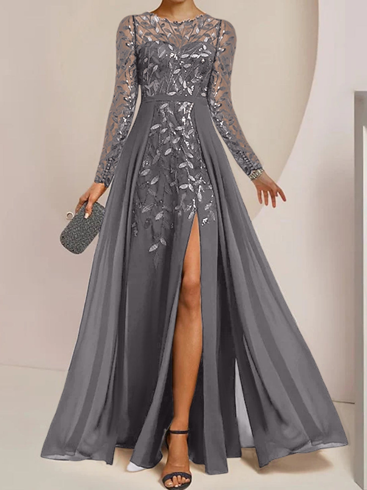 Long Mother of the Bride A Line Dress with Scoop Neck Long Sleeves Side Split Ruffles and Sequins