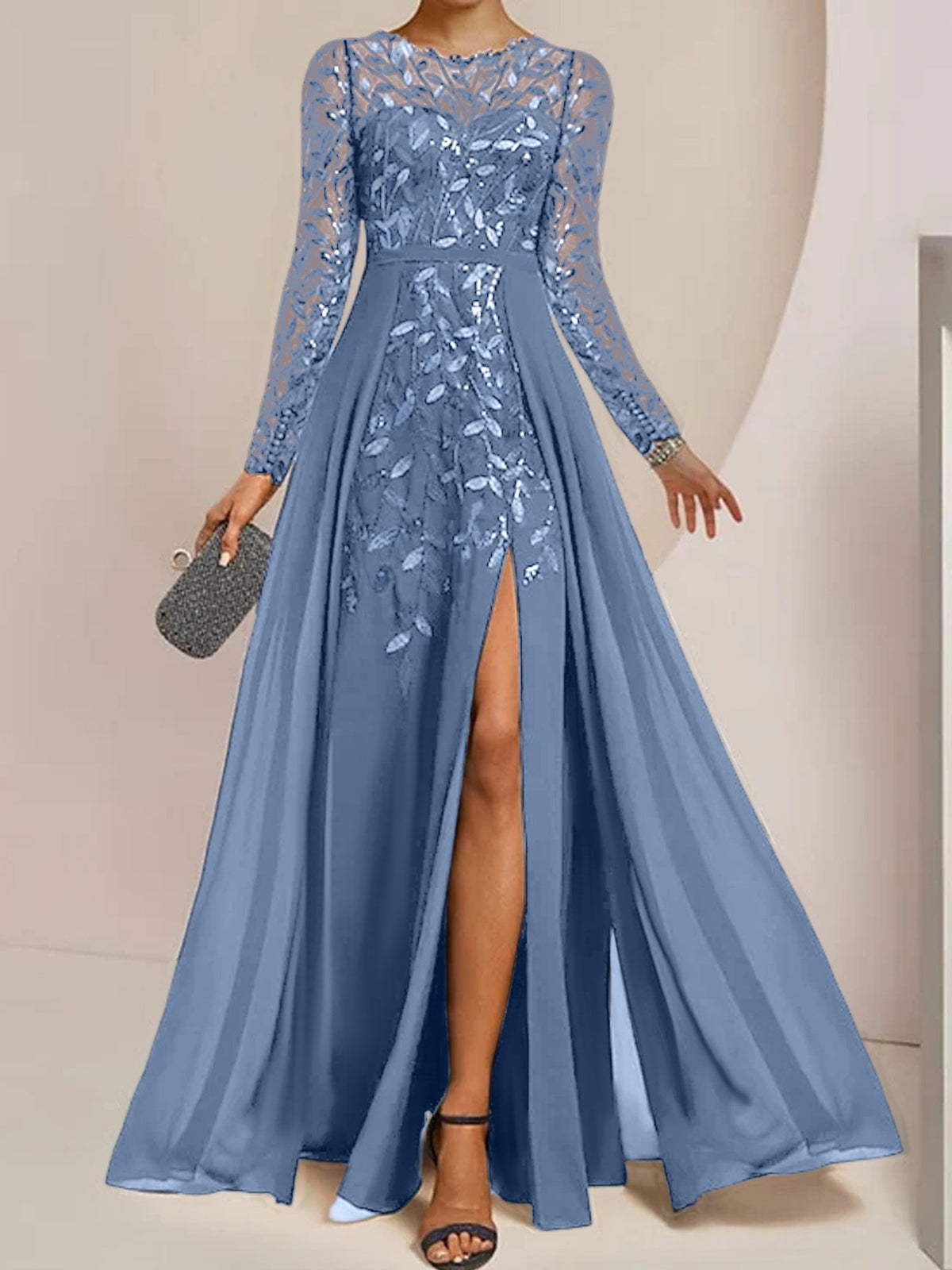 Long Mother of the Bride A Line Dress with Scoop Neck Long Sleeves Side Split Ruffles and Sequins