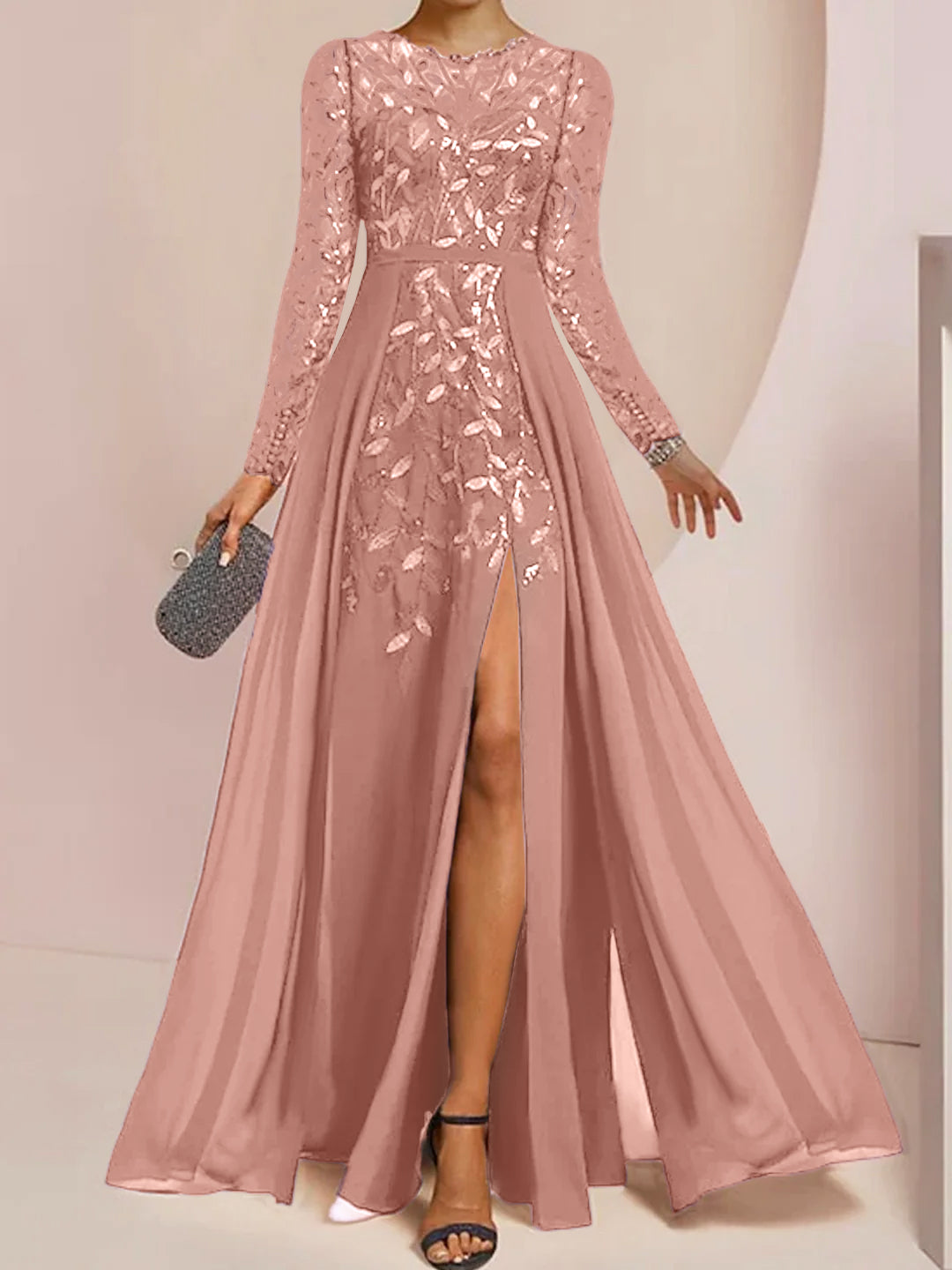 Long Mother of the Bride A Line Dress with Scoop Neck Long Sleeves Side Split Ruffles and Sequins