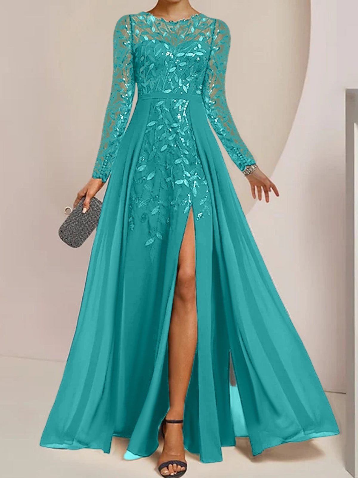 Long Mother of the Bride A Line Dress with Scoop Neck Long Sleeves Side Split Ruffles and Sequins