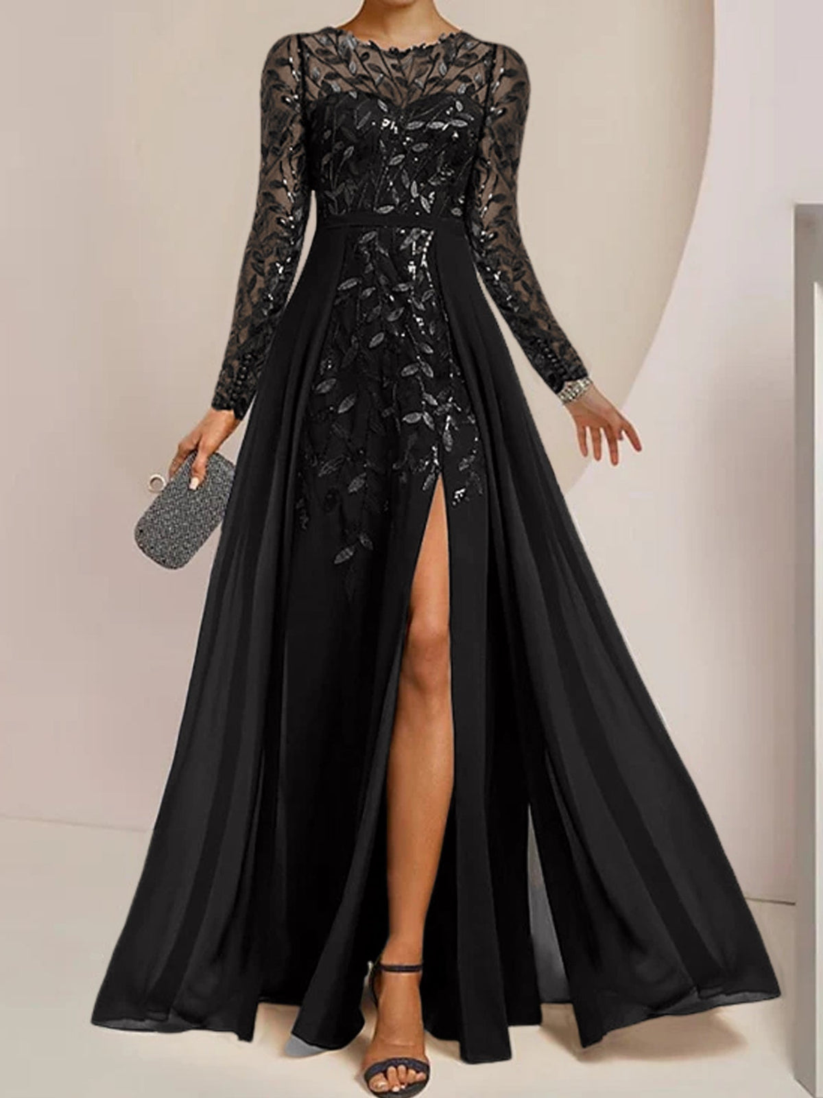 Long Mother of the Bride A Line Dress with Scoop Neck Long Sleeves Side Split Ruffles and Sequins