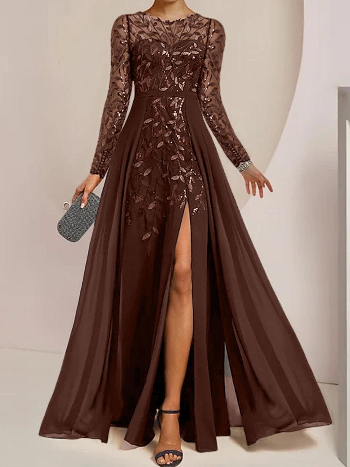 Long Mother of the Bride A Line Dress with Scoop Neck Long Sleeves Side Split Ruffles and Sequins