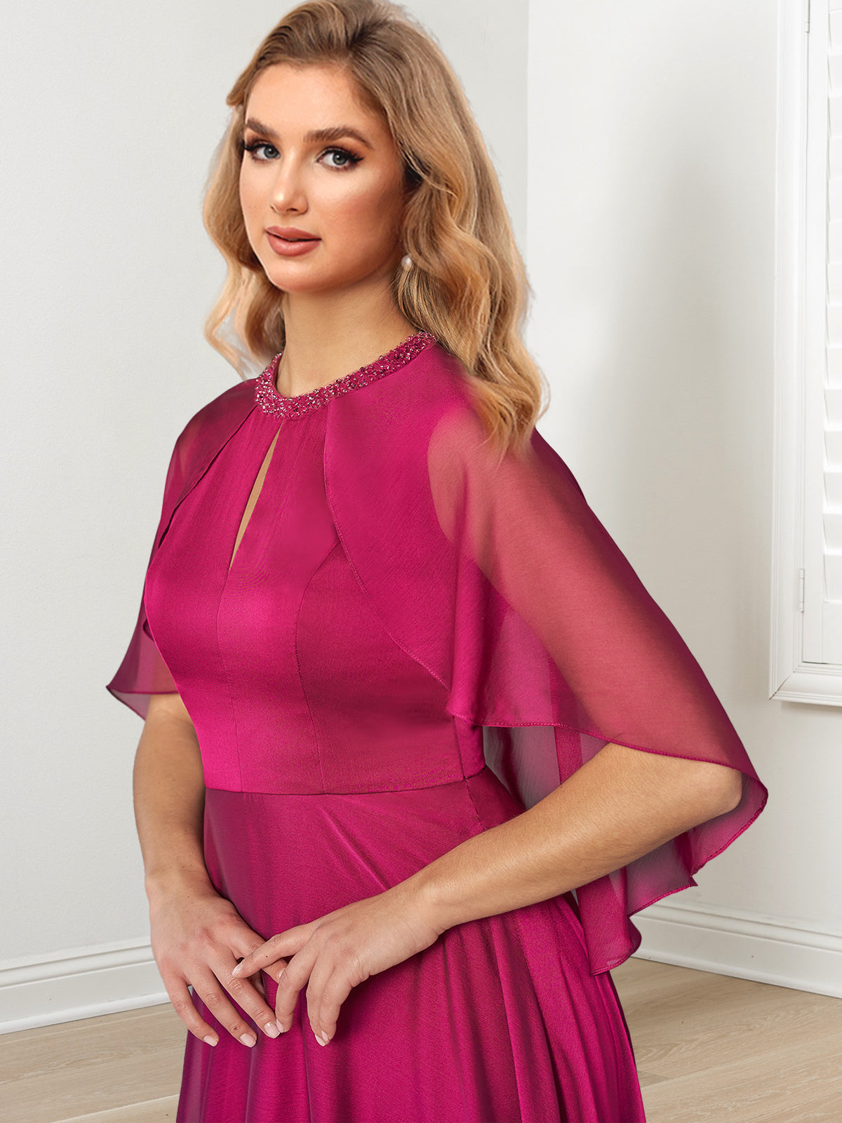 Long Mother of the Bride A Line Dress with Hand Beaded Jewel Neckline