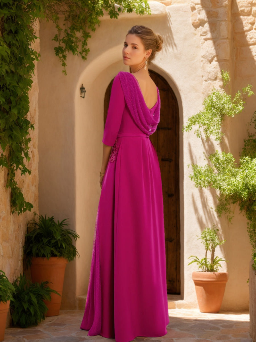 Long Mother of the Bride Dress with Cowl Neck 3/4 Sleeves Tulle Sash Slit & Jewel Appliques