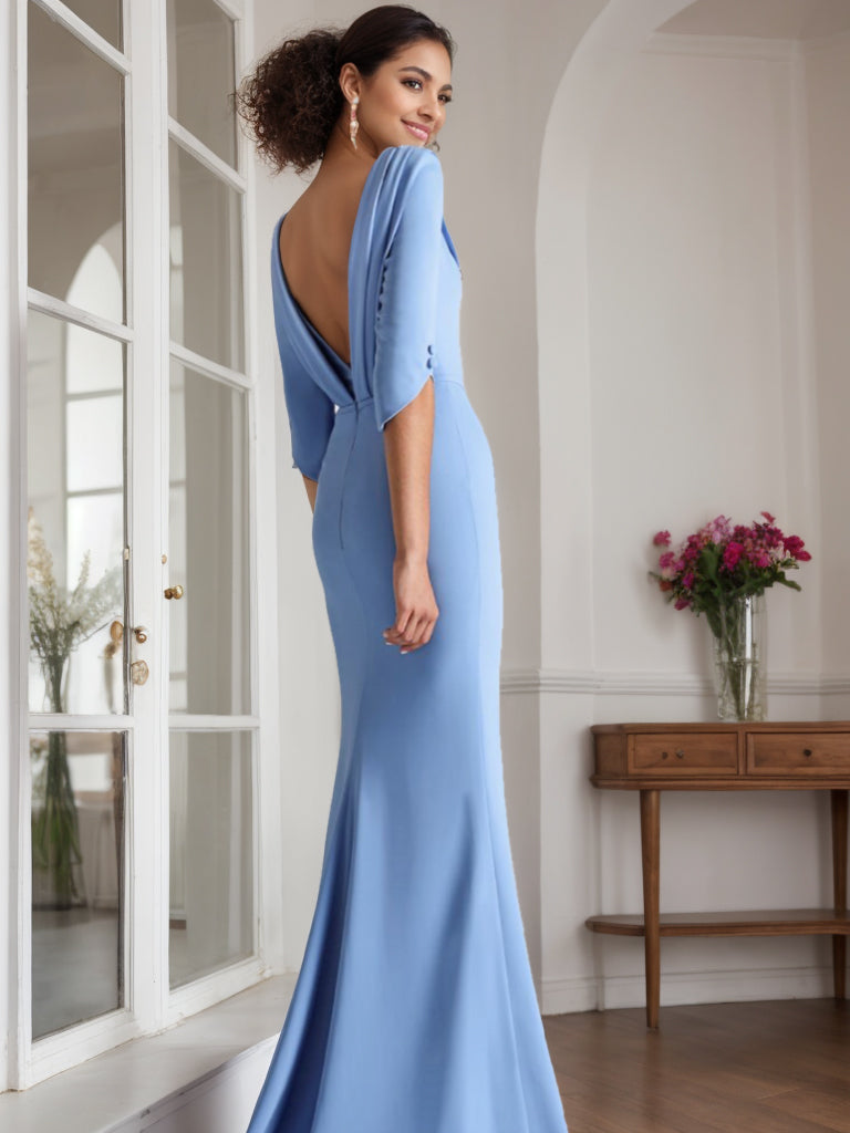 Long Mother of the Bride & Groom Dress with Rhinestone Sheath Column Scoop and 1 2 Length Sleeves