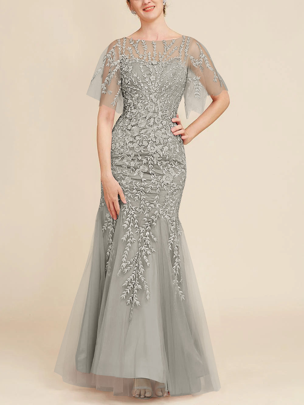 Long Mother of the Bride Lace Dress with Trumpet Mermaid Scoop Half Sleeves