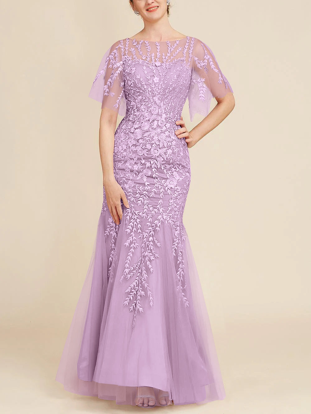 Long Mother of the Bride Lace Dress with Trumpet Mermaid Scoop Half Sleeves