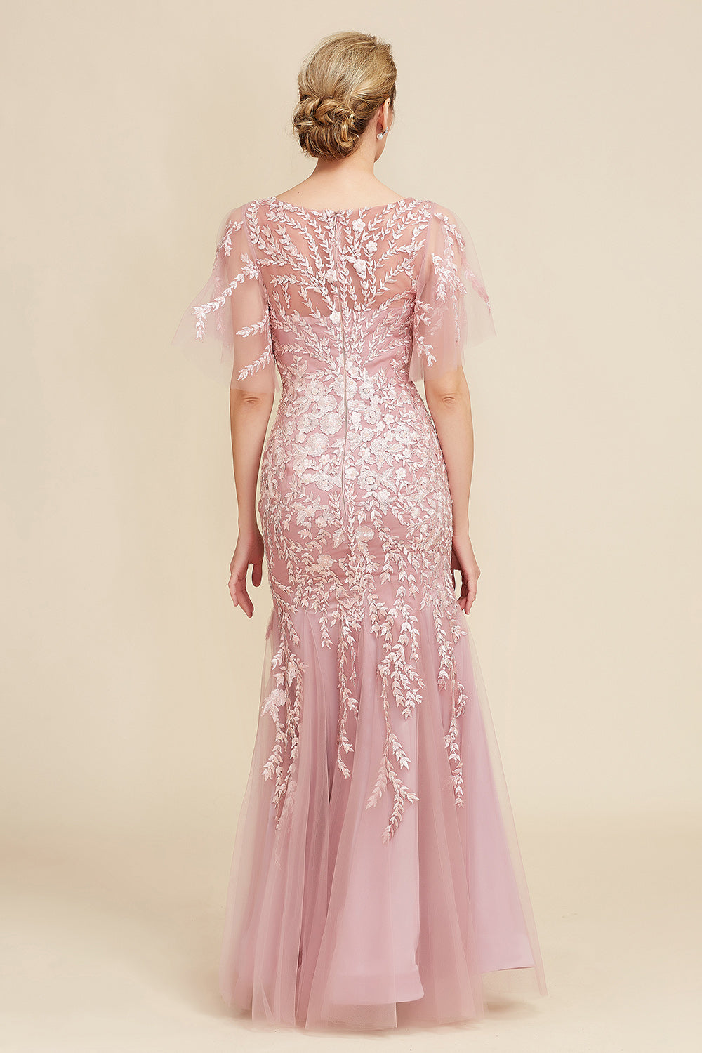 Long Mother of the Bride Lace Dress with Trumpet Mermaid Scoop Half Sleeves