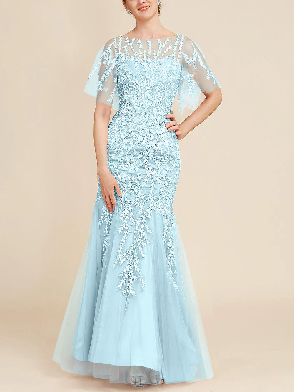 Long Mother of the Bride Lace Dress with Trumpet Mermaid Scoop Half Sleeves