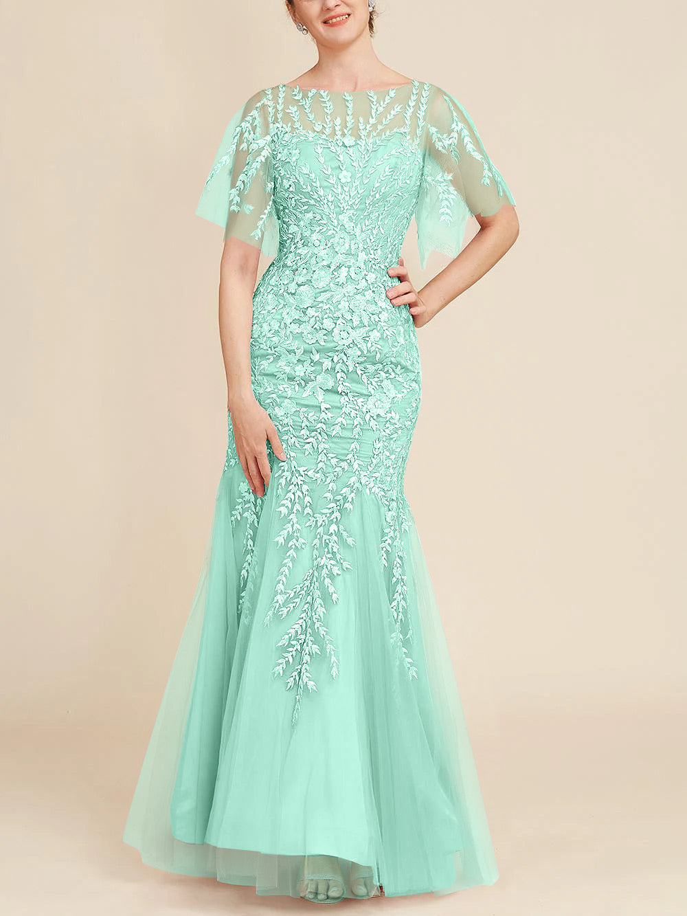 Long Mother of the Bride Lace Dress with Trumpet Mermaid Scoop Half Sleeves