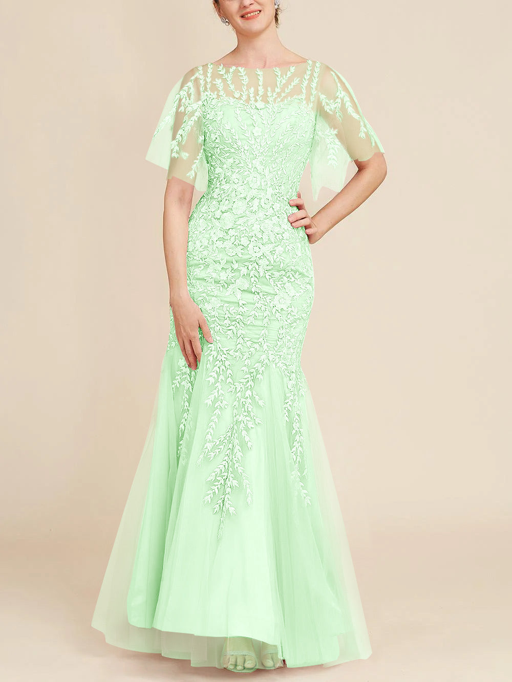 Long Mother of the Bride Lace Dress with Trumpet Mermaid Scoop Half Sleeves