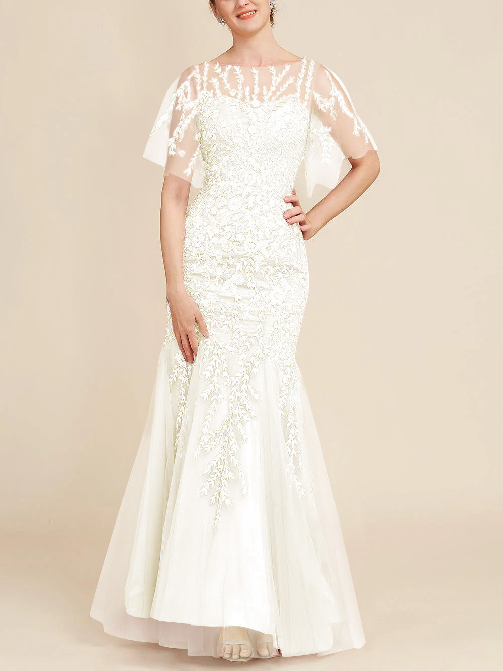 Long Mother of the Bride Lace Dress with Trumpet Mermaid Scoop Half Sleeves