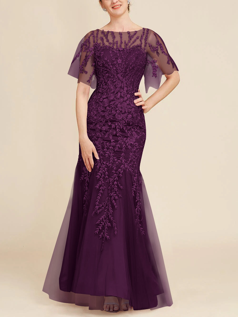 Long Mother of the Bride Lace Dress with Trumpet Mermaid Scoop Half Sleeves