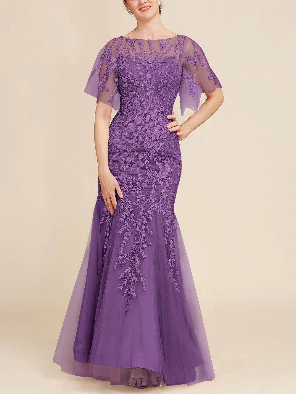 Long Mother of the Bride Lace Dress with Trumpet Mermaid Scoop Half Sleeves