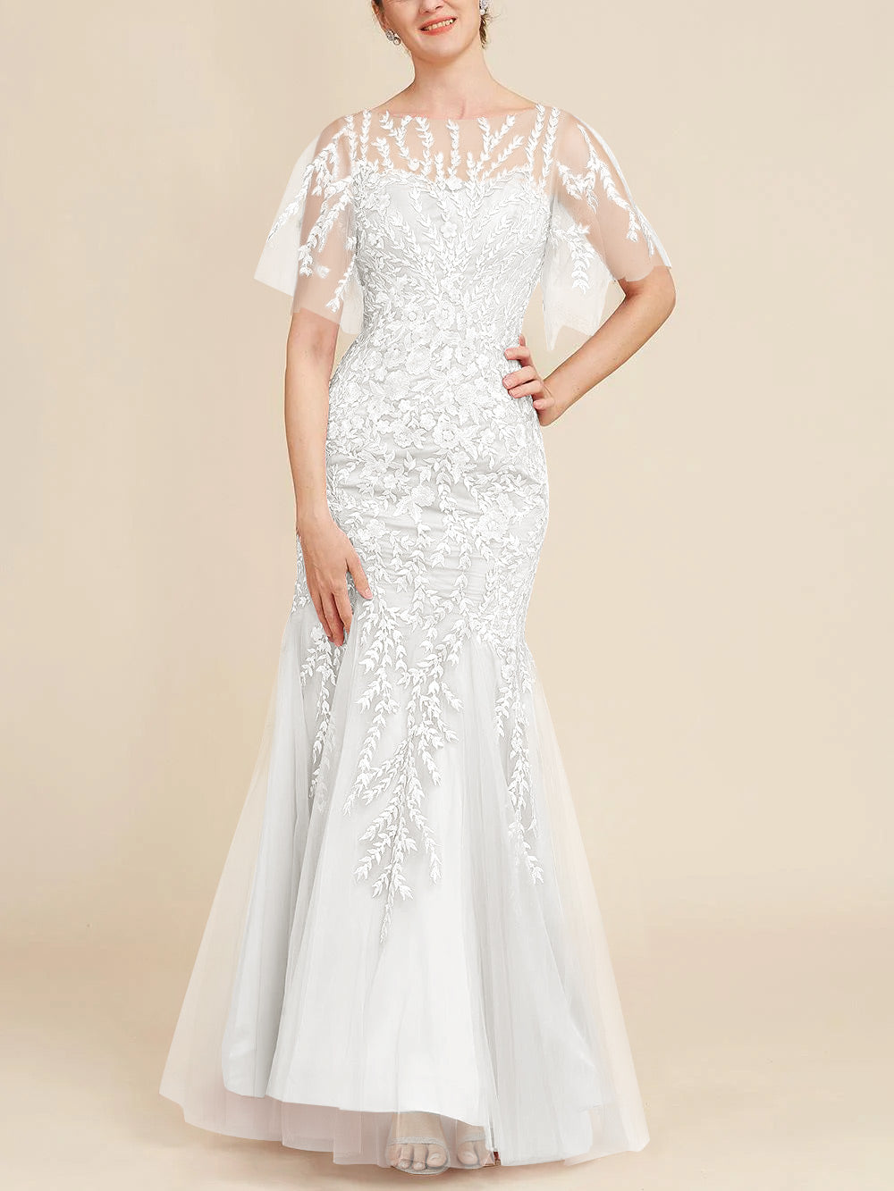 Long Mother of the Bride Lace Dress with Trumpet Mermaid Scoop Half Sleeves