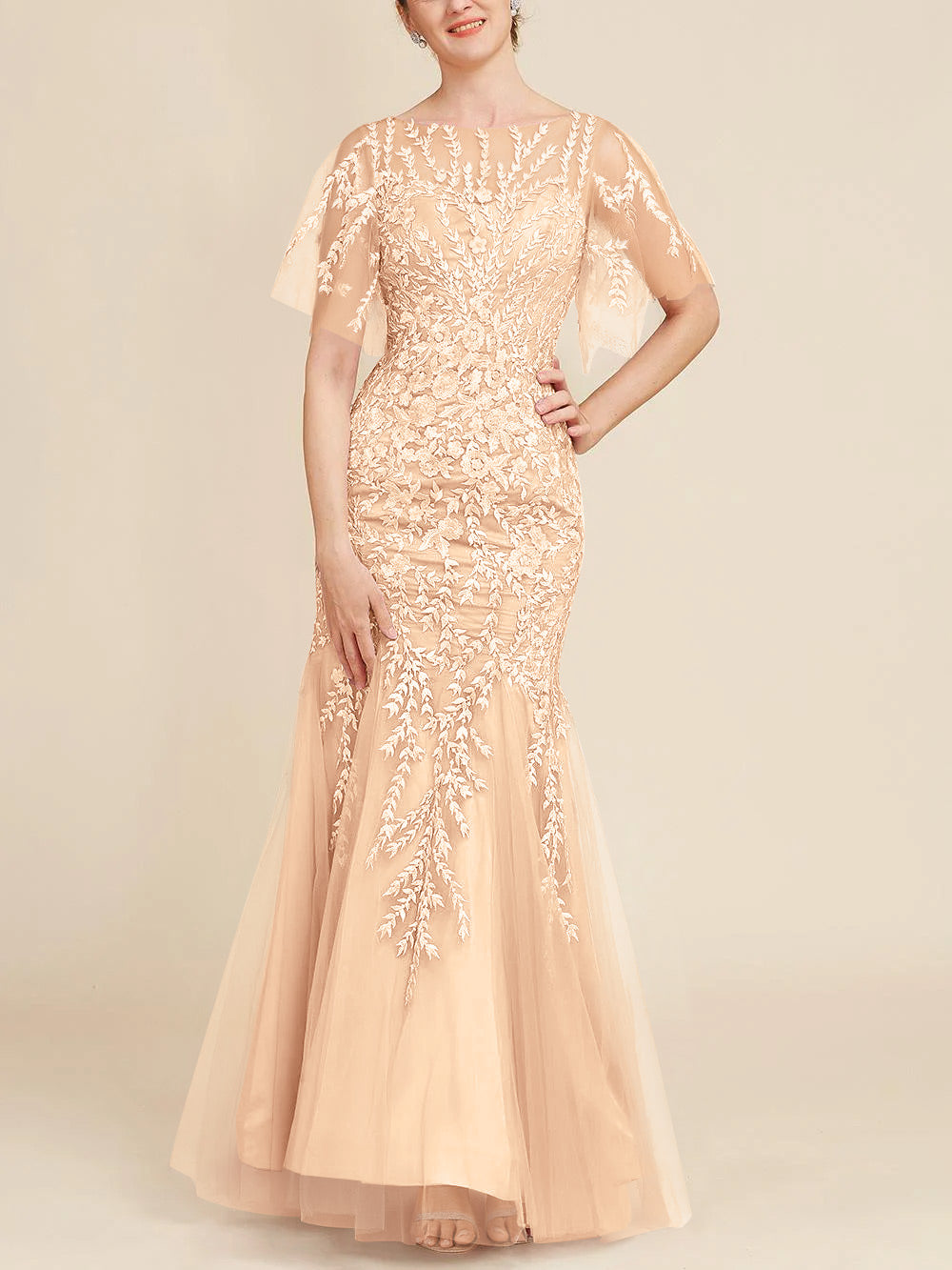 Long Mother of the Bride Lace Dress with Trumpet Mermaid Scoop Half Sleeves