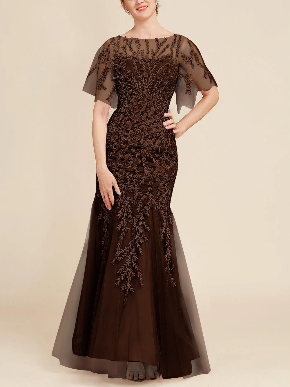 Long Mother of the Bride Lace Dress with Trumpet Mermaid Scoop Half Sleeves