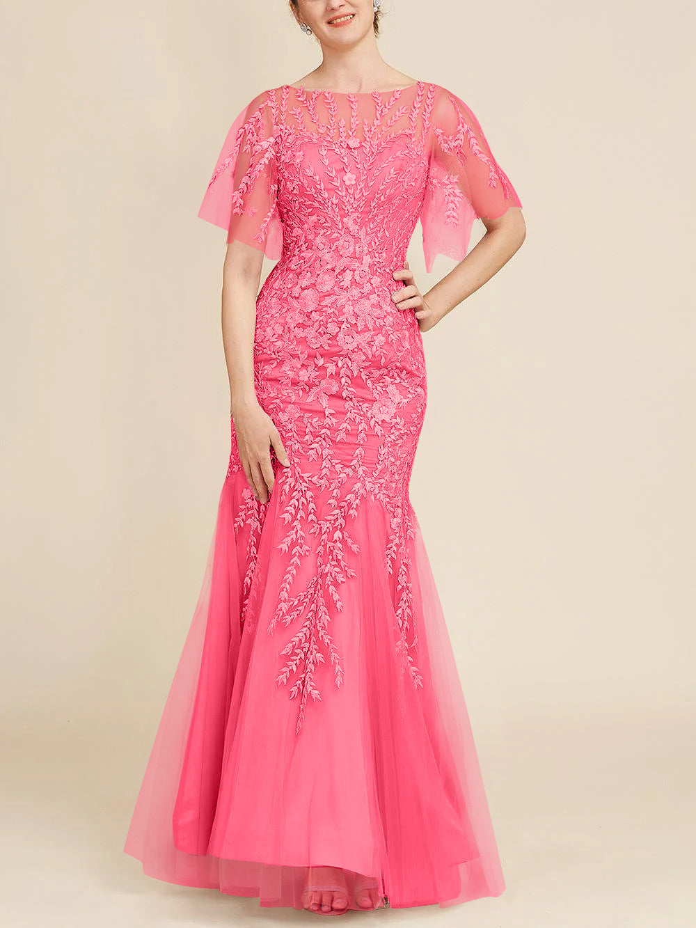 Long Mother of the Bride Lace Dress with Trumpet Mermaid Scoop Half Sleeves