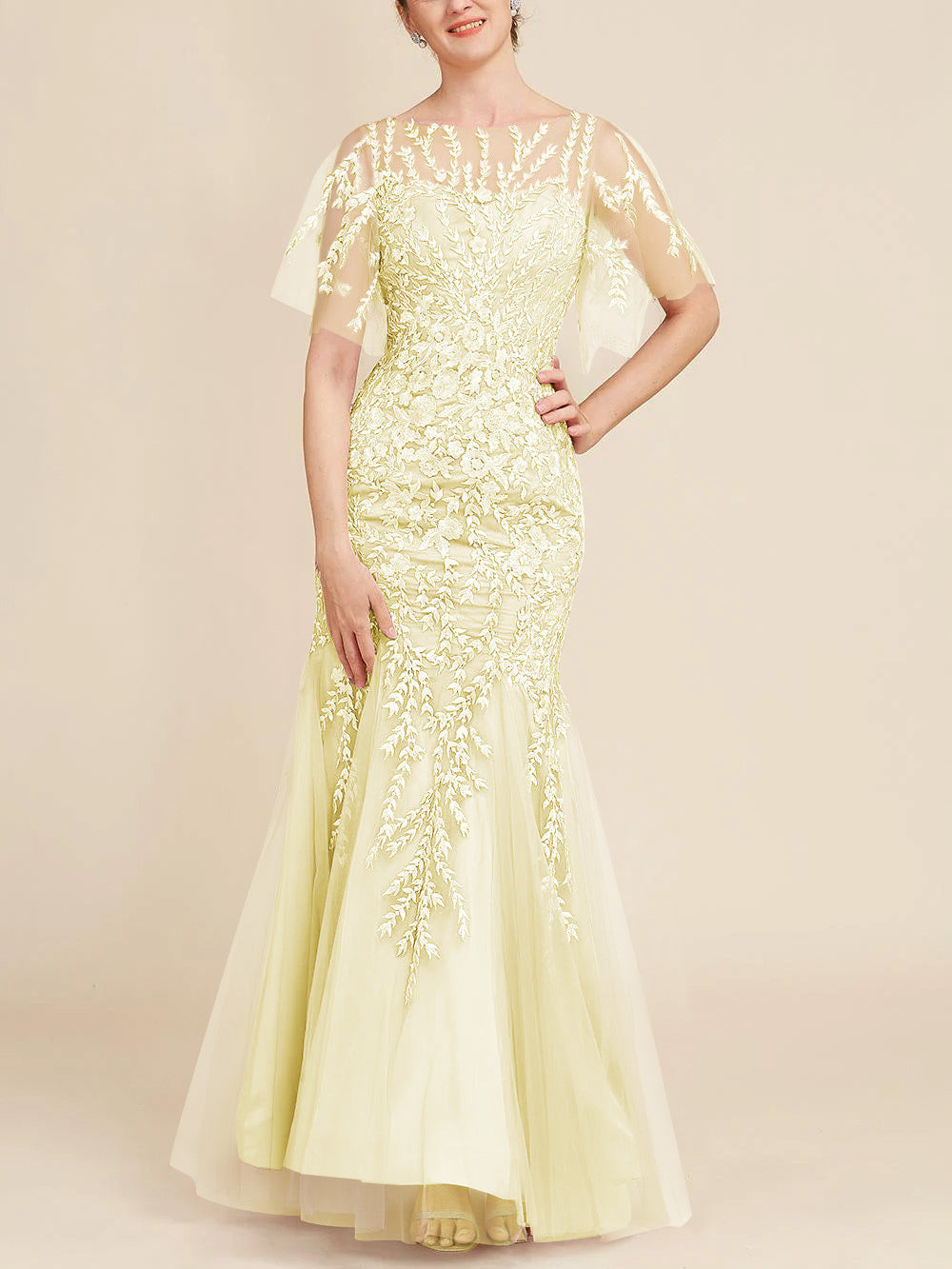 Long Mother of the Bride Lace Dress with Trumpet Mermaid Scoop Half Sleeves