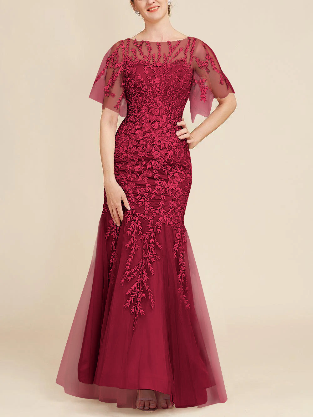 Long Mother of the Bride Lace Dress with Trumpet Mermaid Scoop Half Sleeves