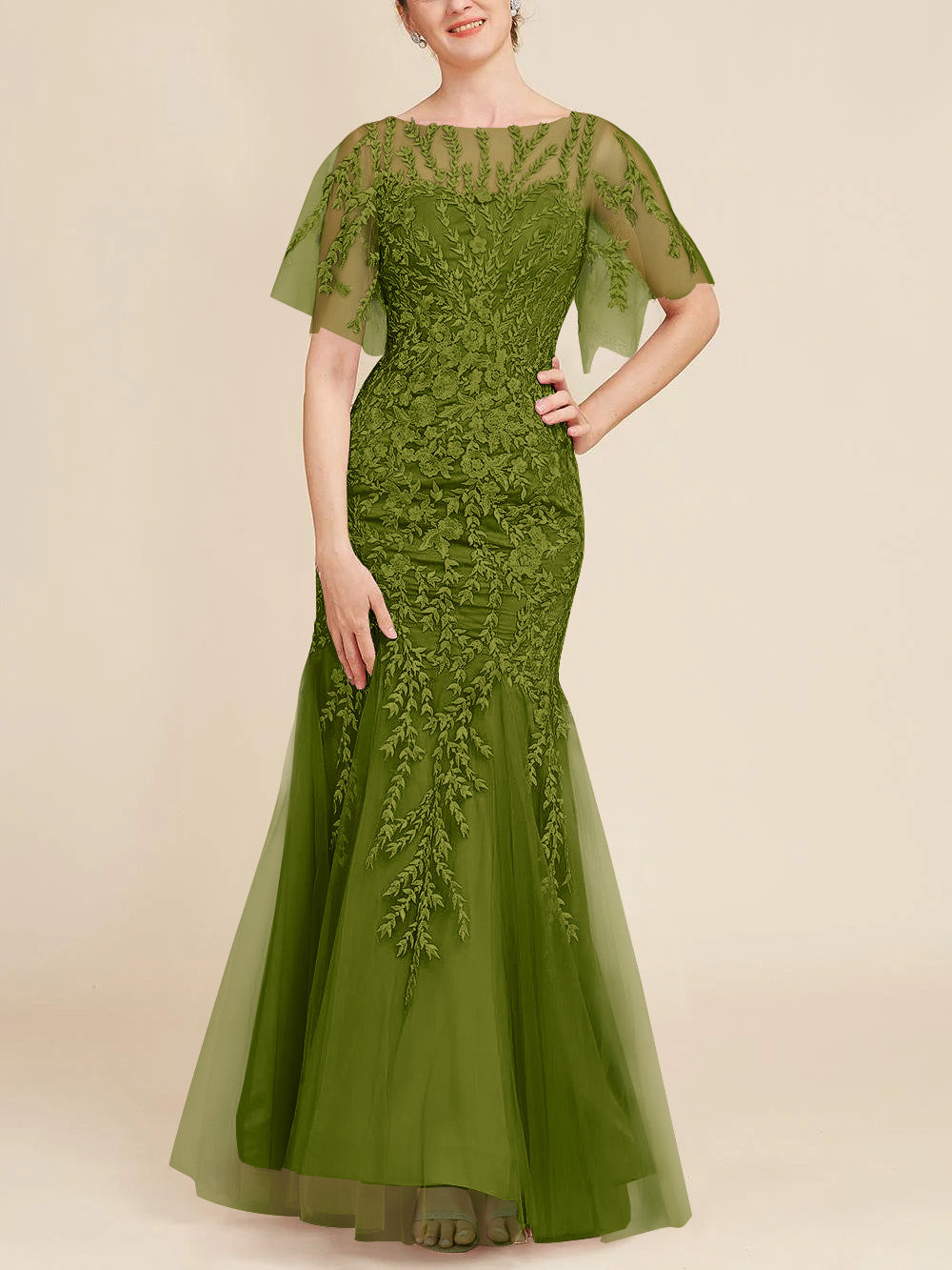 Long Mother of the Bride Lace Dress with Trumpet Mermaid Scoop Half Sleeves