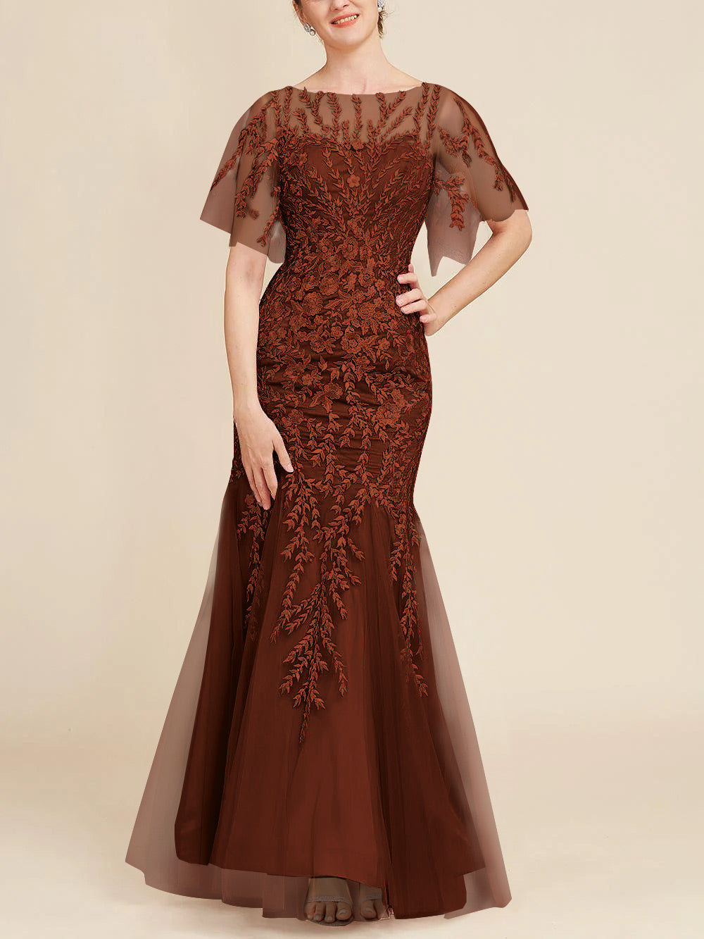 Long Mother of the Bride Lace Dress with Trumpet Mermaid Scoop Half Sleeves