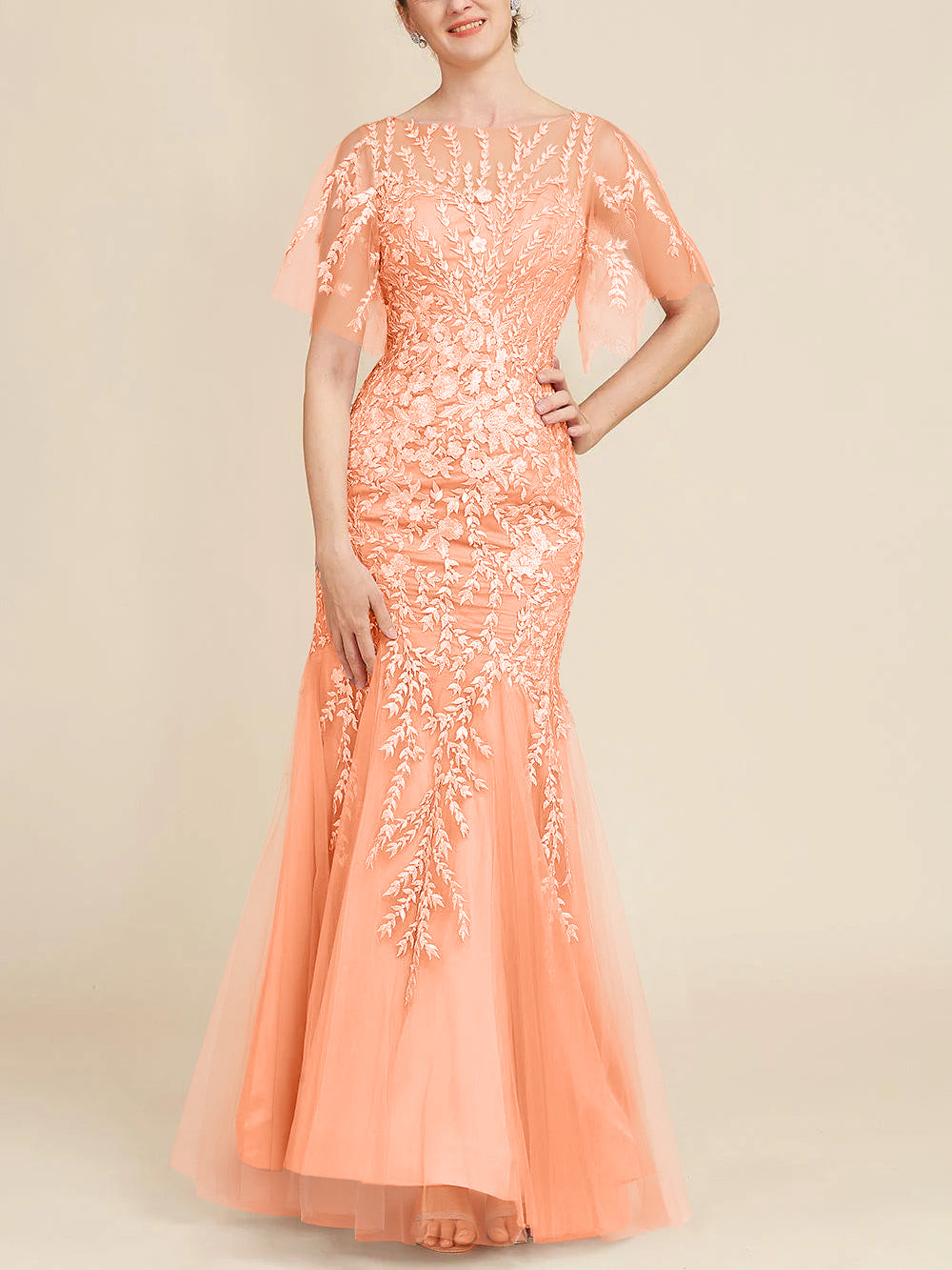Long Mother of the Bride Lace Dress with Trumpet Mermaid Scoop Half Sleeves