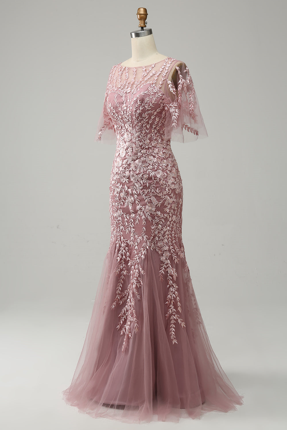 Long Mother of the Bride Lace Dress with Trumpet Mermaid Scoop Half Sleeves