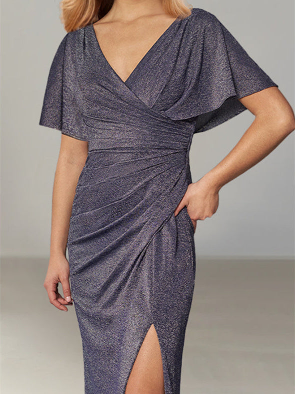 Long Plunging Neck Mother of the Bride Dress with Draped Sleeve and Side Split