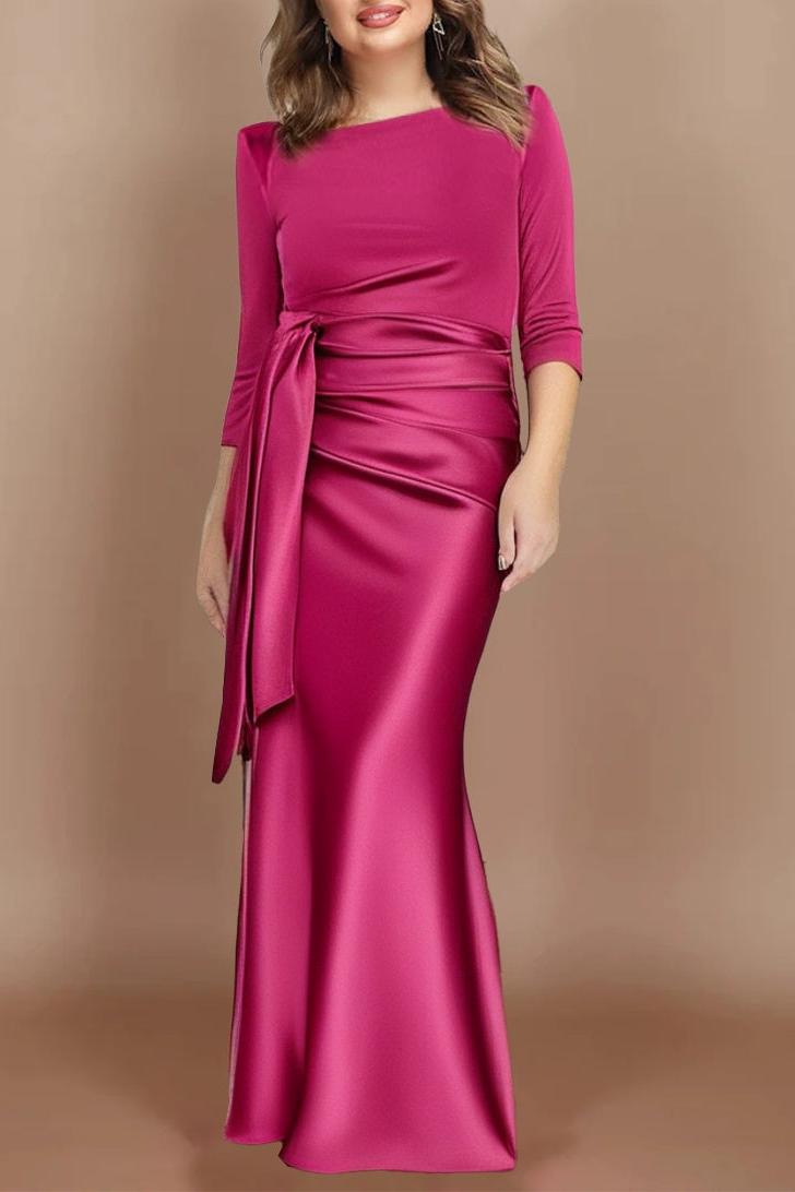 Long Plus Size Mother of the Bride Dress with Bow and 3/4 Sleeves