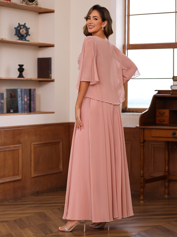 Long V Neck Mother of the Bride A Line Dress with Appliques & Wrap in 2 Pics