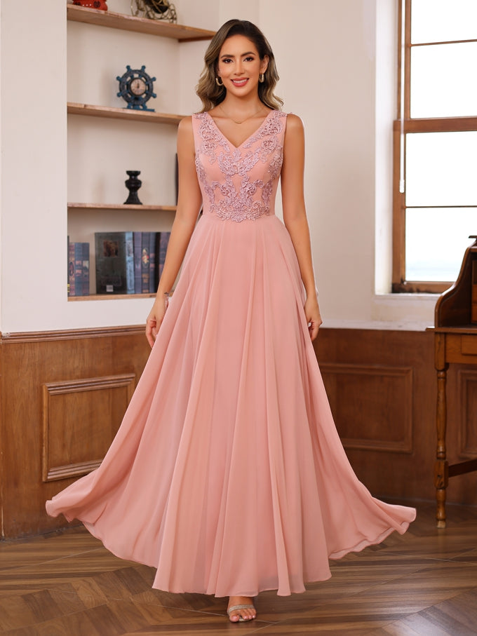 Long V Neck Mother of the Bride A Line Dress with Appliques & Wrap in 2 Pics