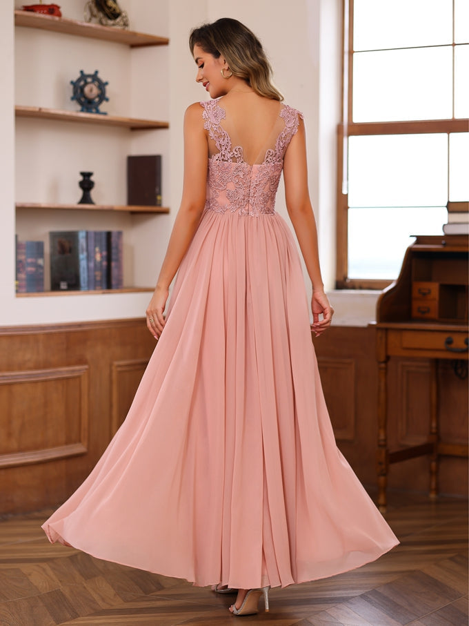 Long V Neck Mother of the Bride A Line Dress with Appliques & Wrap in 2 Pics