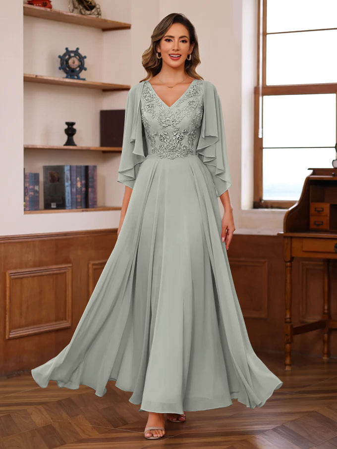 Long V Neck Mother of the Bride A Line Dress with Appliques & Wrap in 2 Pics