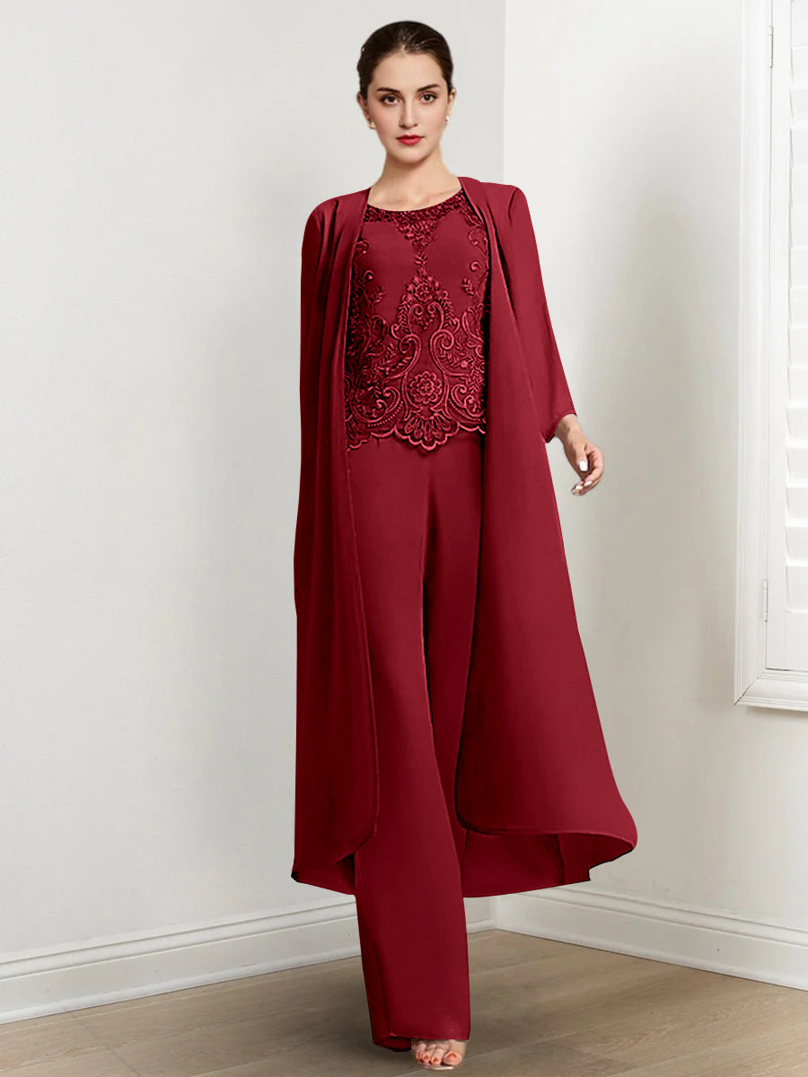 Long Round Neck Chiffon Pantsuits For The Mother Of The Bride With Jacket And Applique